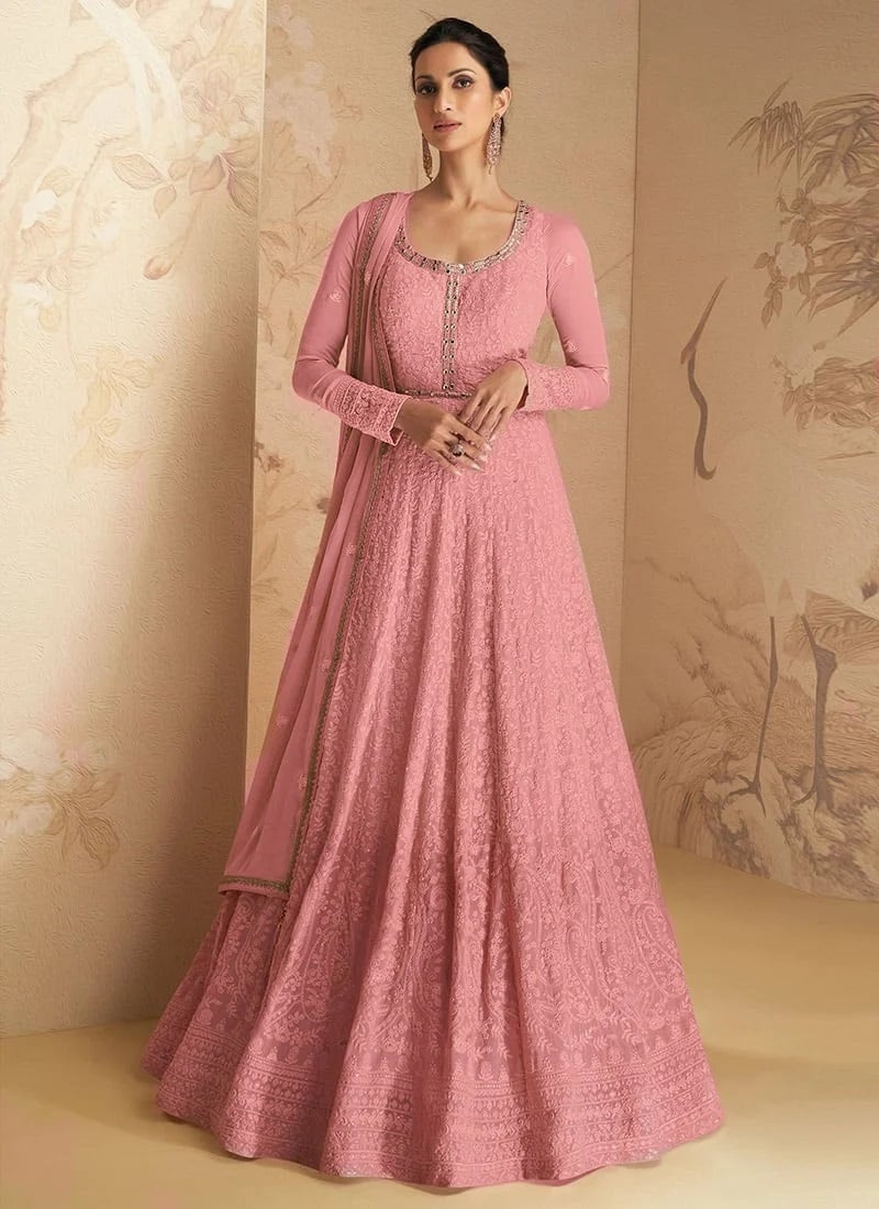 Pink Georgette Mirror Embroidered Anarkali Suit Party Wear