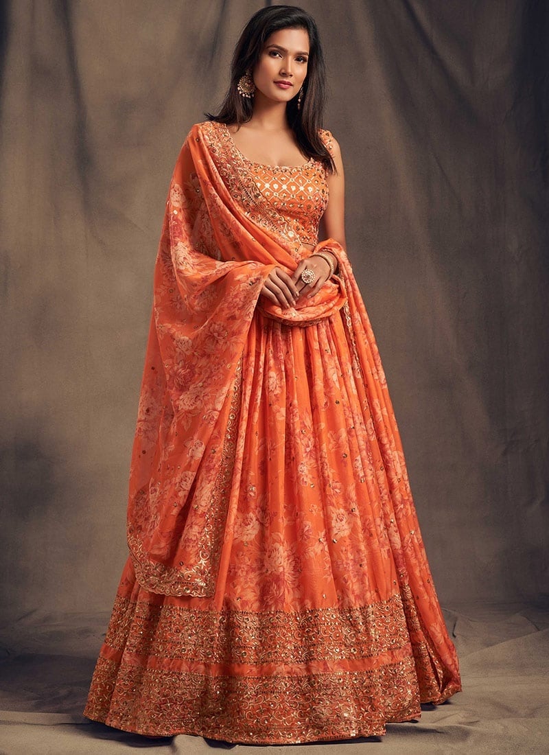 Orange Organza Floral Digital Print Umbrella Lehenga Party Wear