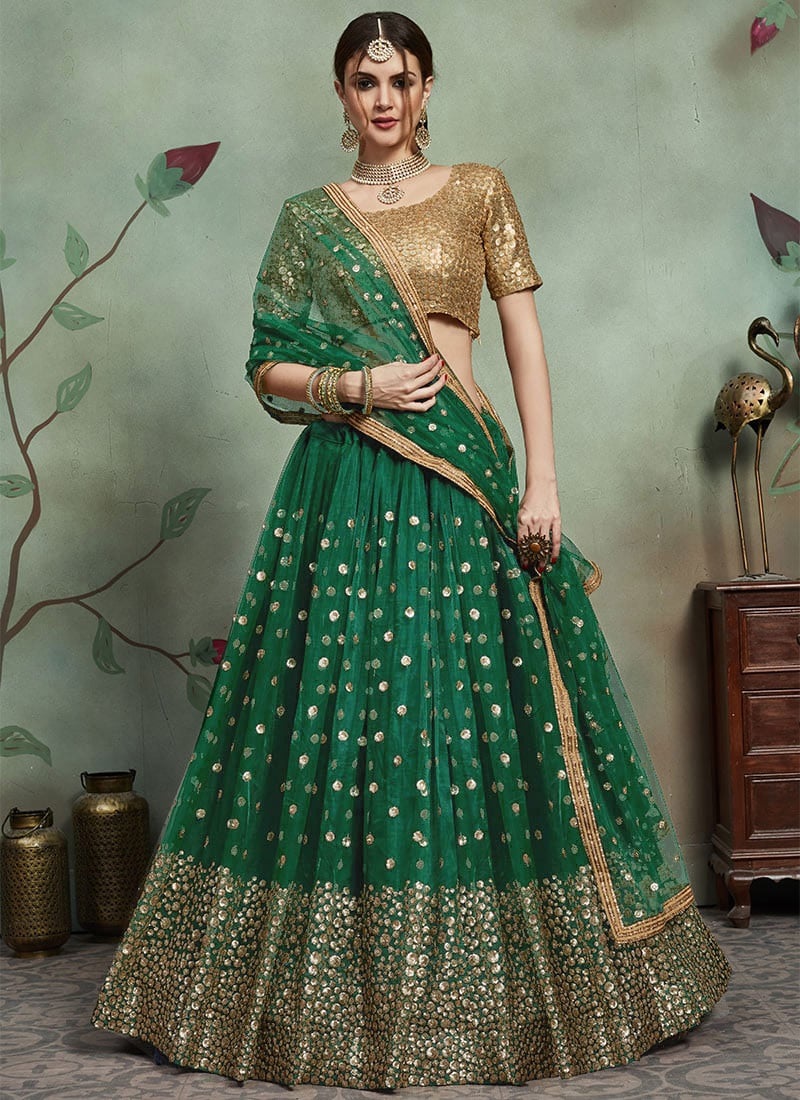 Green Net A Line Lehenga Party Wear