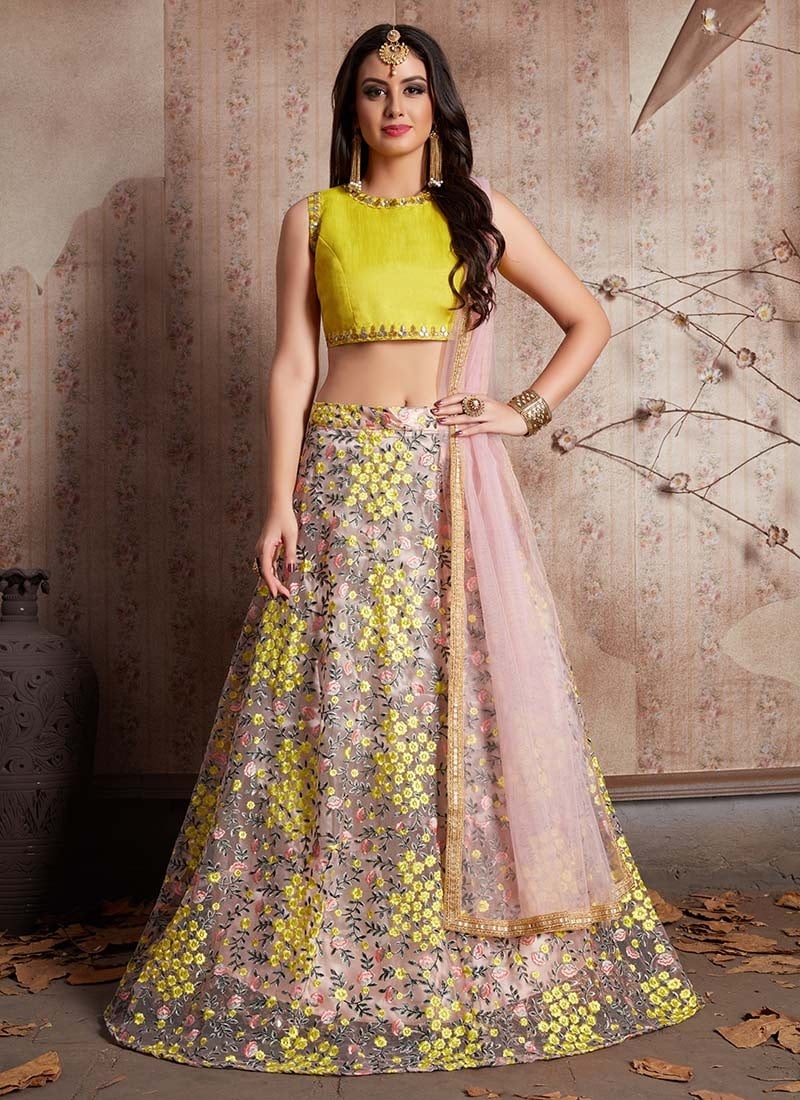Light Pink N Yellow Embroidered A Line Lehenga Party Wear