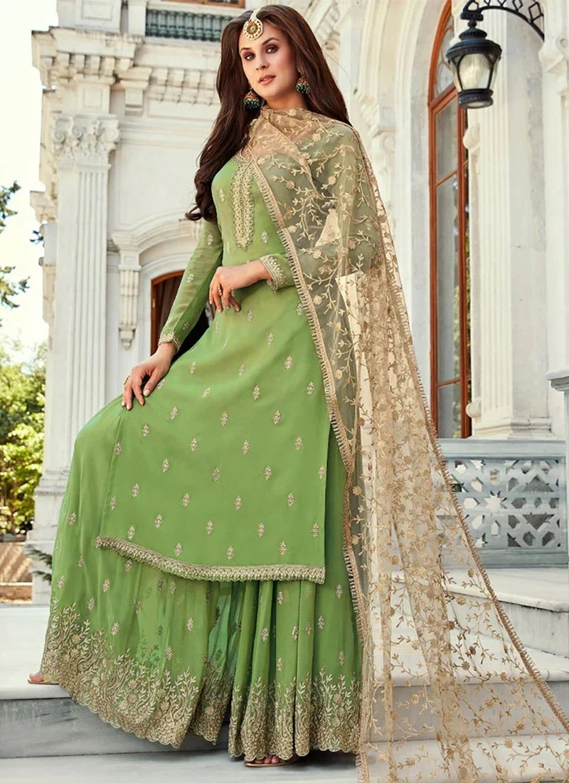 Green Chiffon Embroidered Palazzo Suit Party Wear
