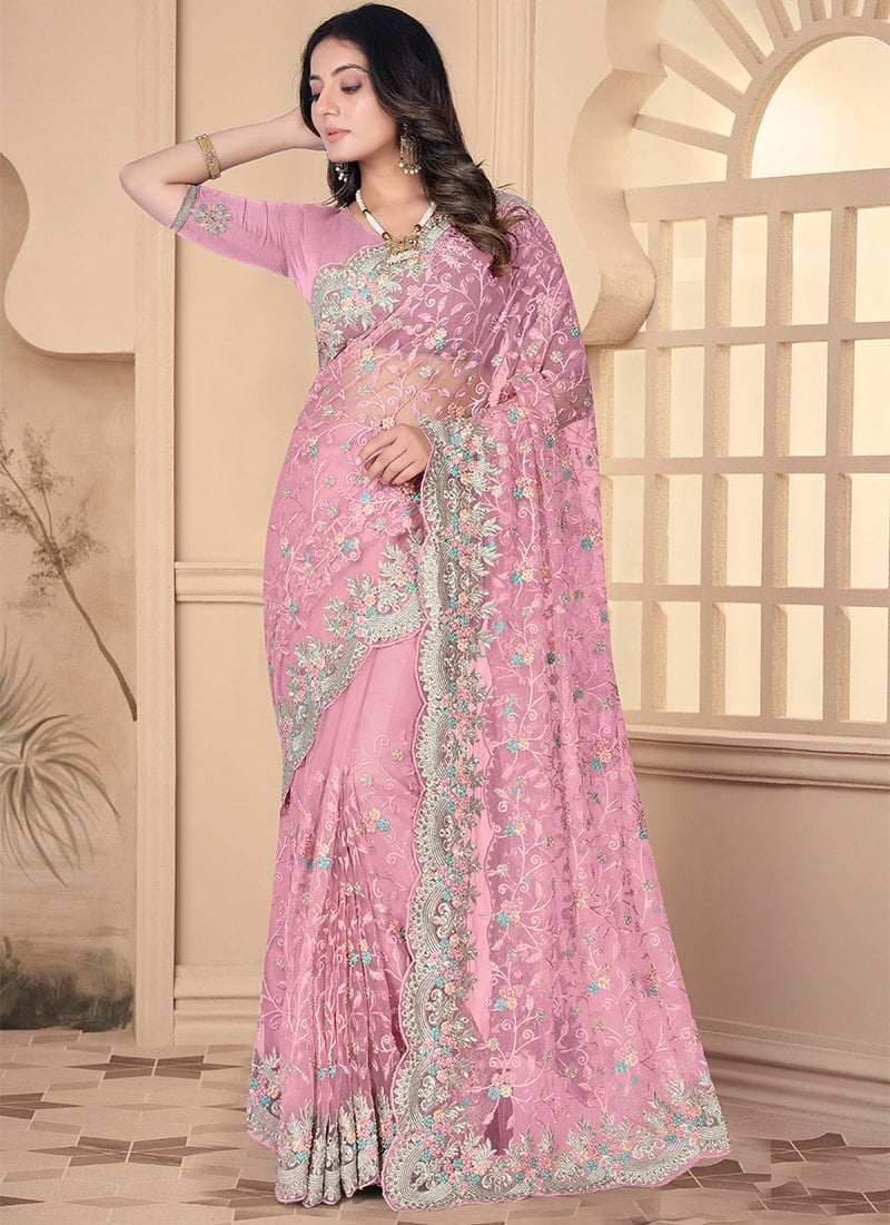 Embroidered Stone Resham Work Pink Net Border Saree With Matching Blouse Party Wear