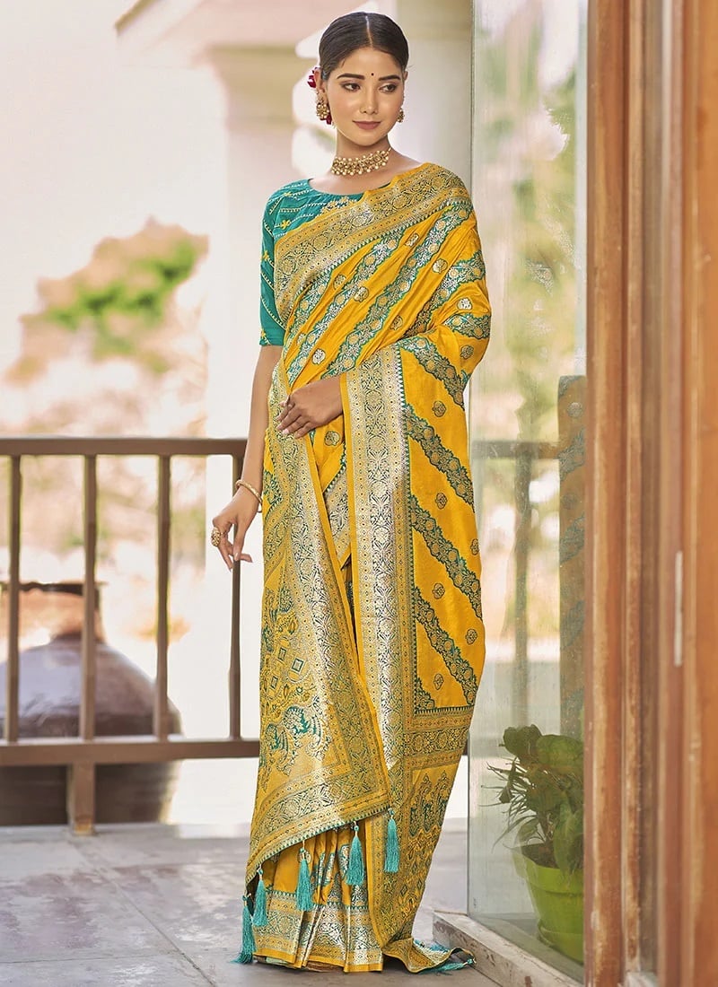 Yellow Silk Jacquard Woven Saree For Pongal Festive Wear