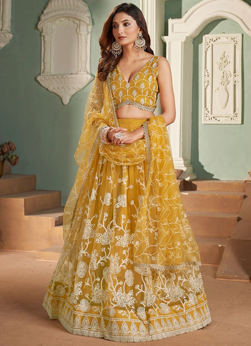 Mustard Embroidered Net Umbrella Lehenga Party Wear