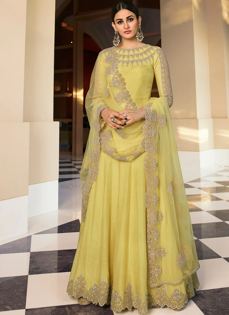 Yellow Banarasi Art Silk Embroidered N Stones Anarkali Suit Wedding Wear
