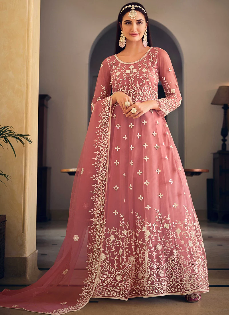 Rose Gold Net Embroidered Sequins Anarkali Suit Party Wear