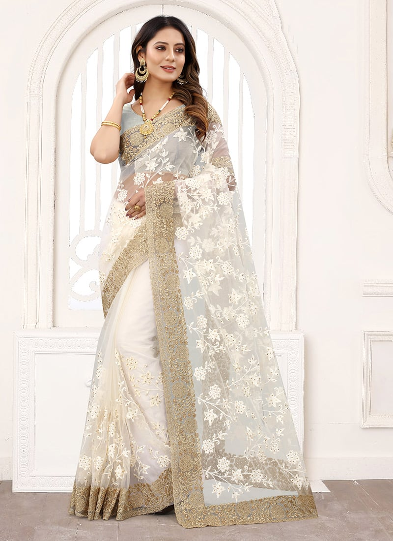 Off White Net Embroidered and Stones Designer Saree Festive Wear