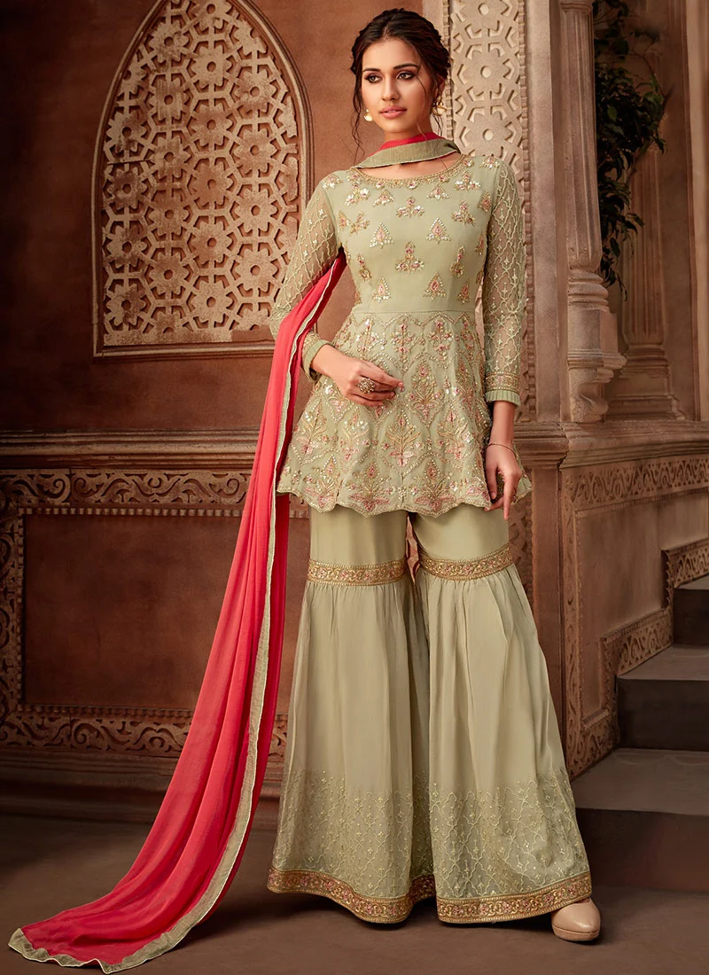 Green Embroidered Sharara Suit Party Wear