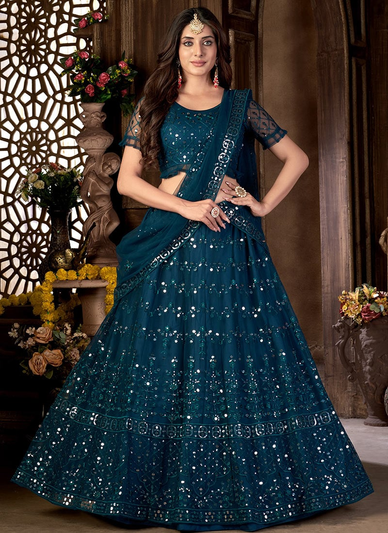 Embroidery Teal Blue Net Lehenga Choli With Dupatta Party Wear