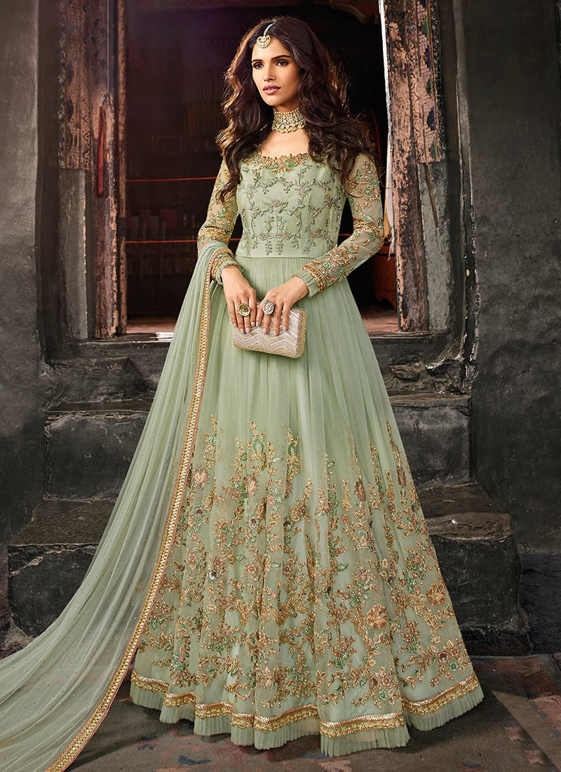 Mint Green Net Embroidered Gown Party Wear