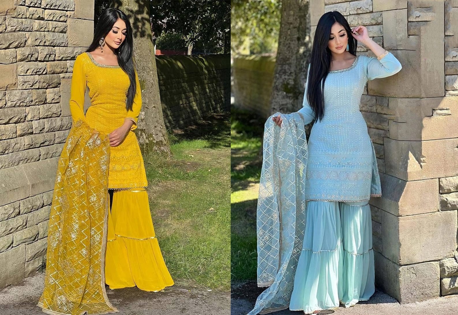 Mustard Sharara Suit Haldi Function Georgette Embroidered Foil Print Dupatta Party Wear