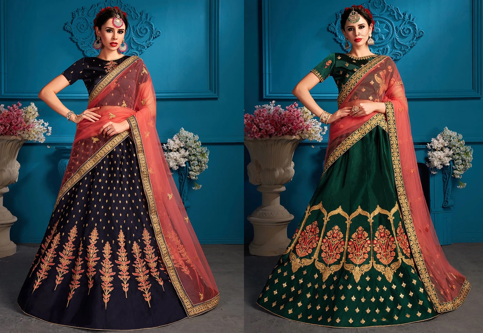 Stunningly Embroidered Sequined Satin Umbrella Lehenga Wedding Wear