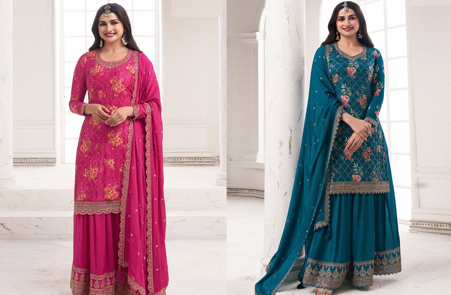Prachi Desai Radiates Grace In Pink Chinon Embroidered Printed Sharara Ensemble Party Wear
