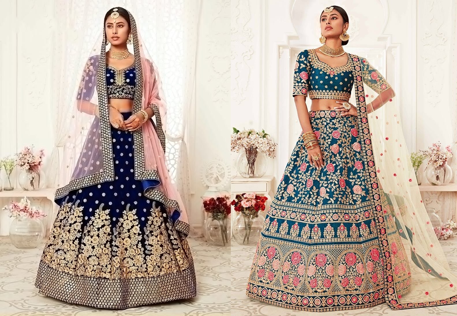 Navy Blue Velvet Embroidered N Sequins Work Wedding Umbrella Lehenga Wedding Wear