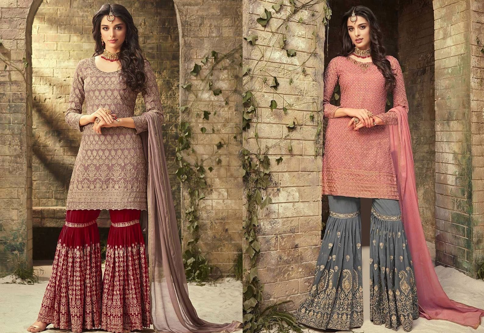 Mauve Embroidered Sharara Suit Party Wear