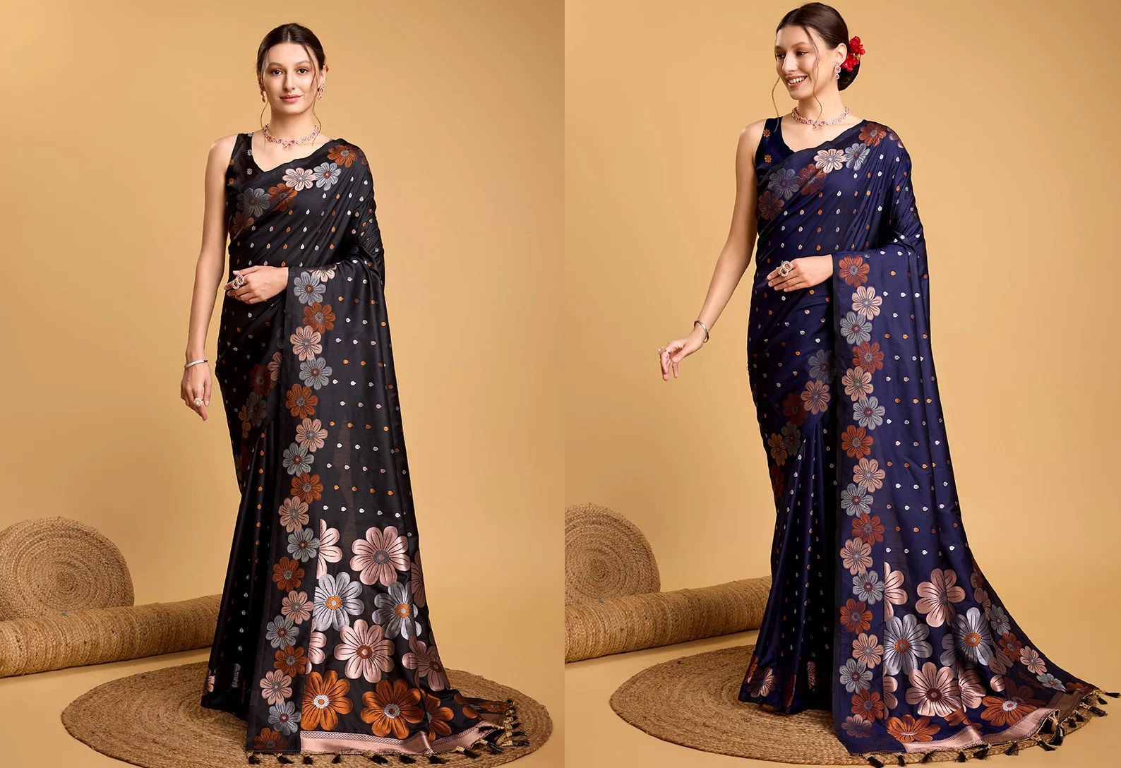 Jacquard Zari Embossed Navy Blue Silk Saree Festive Wear