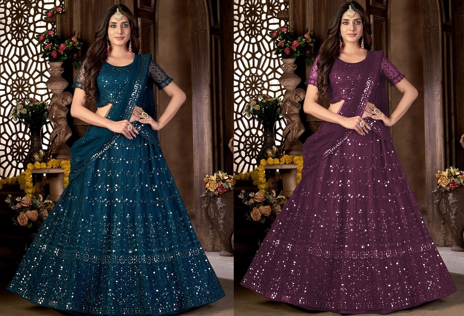  Net Plastic Mirror Embroidery Lehenga N Choli With Dupatta Party Wear