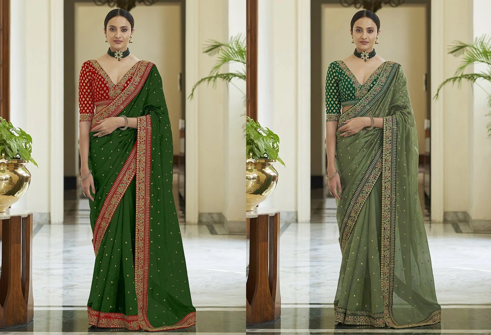 Green Golden Sequins Thread Work Saree Party Wear