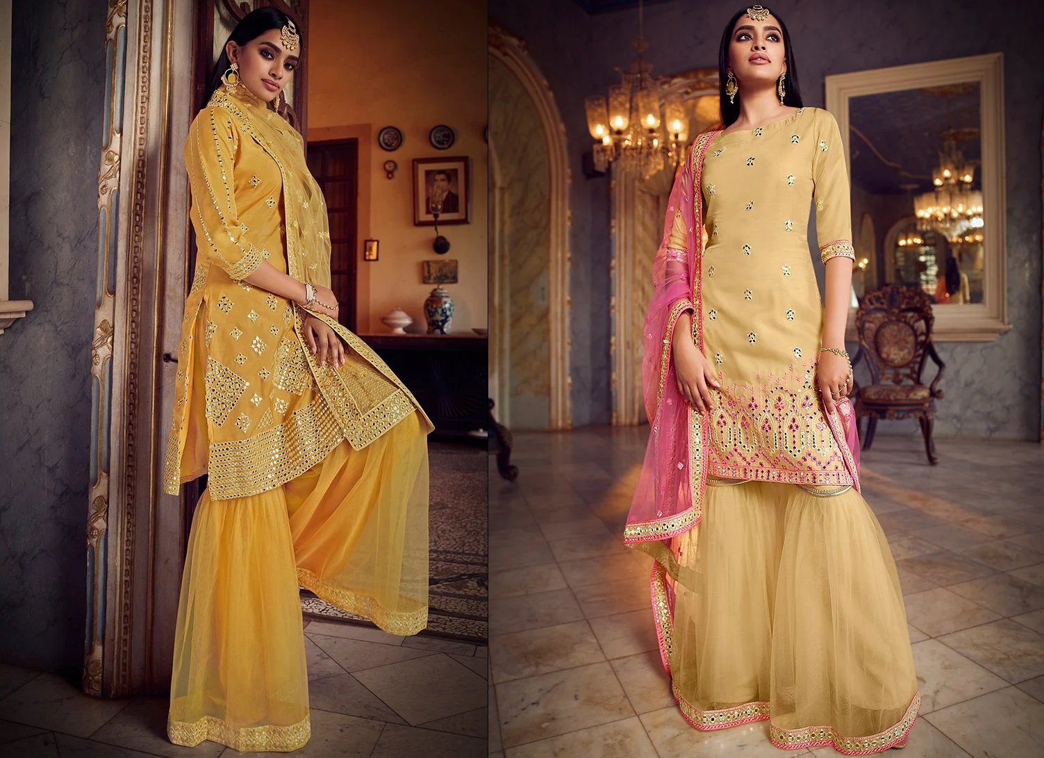 Canary Yellow Organza Sharara Suit Wedding Wear