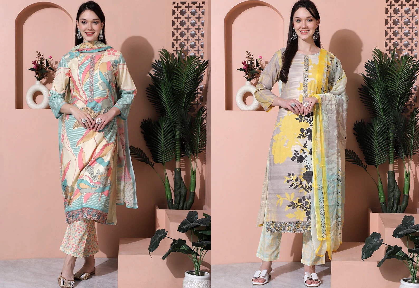 Women Straight Pant Suit Cream Cotton Floral Digital Print Kurta Dupatta After Six Wear