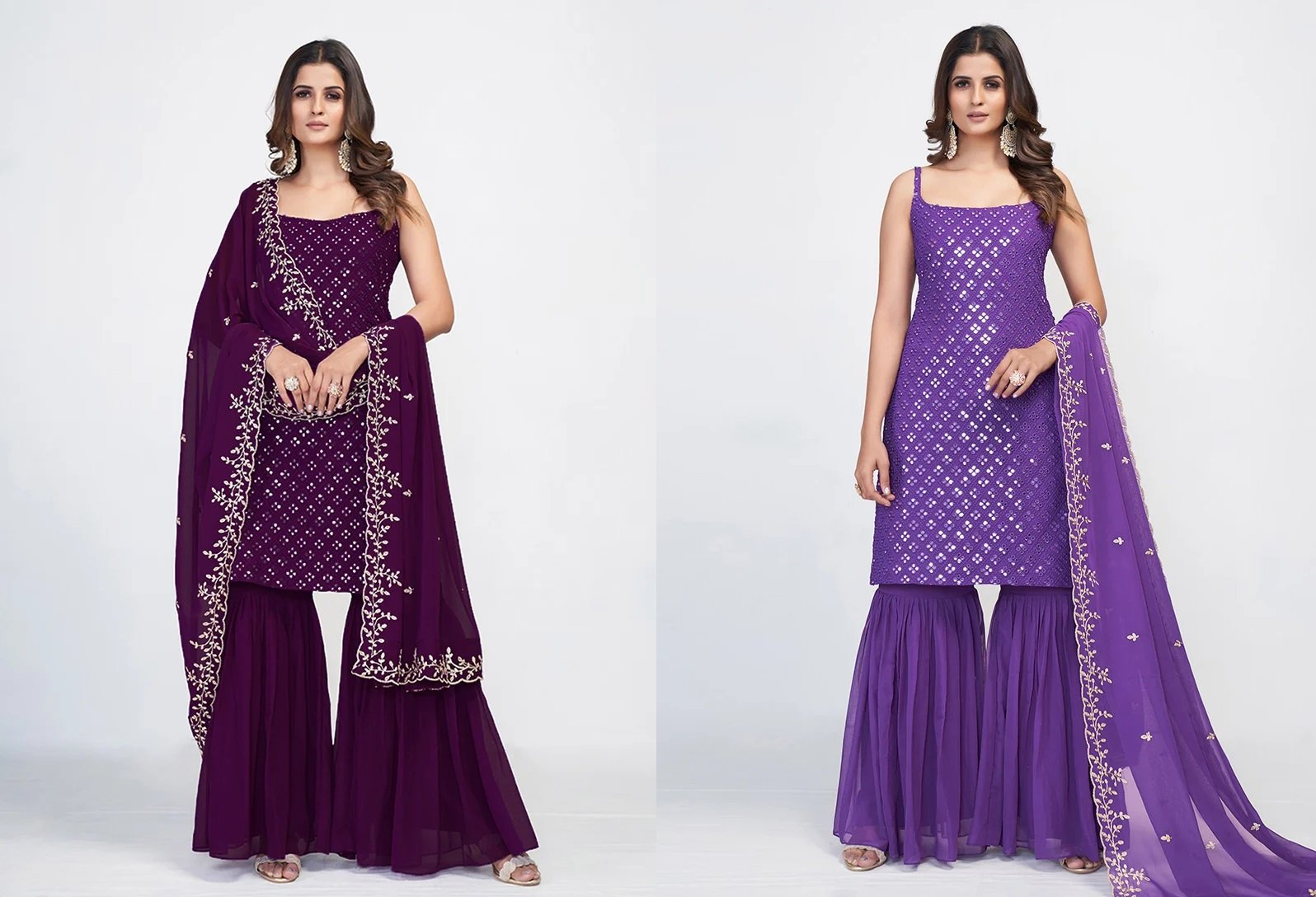 Purple Faux Georgette Sequins Sharara Suit Party Wear