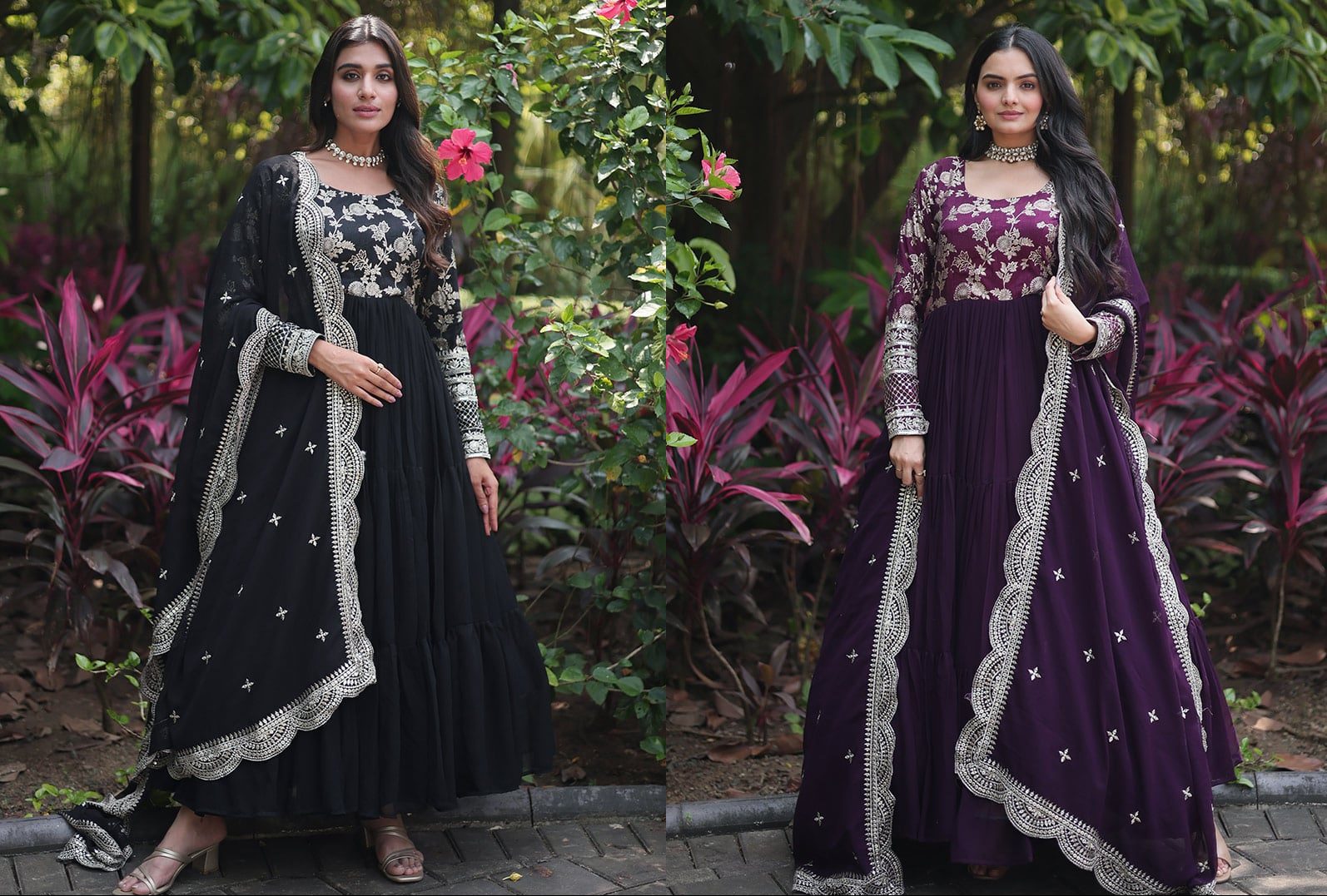 Wine Faux Georgette Embroidered Dresses and Gown Party Wear
