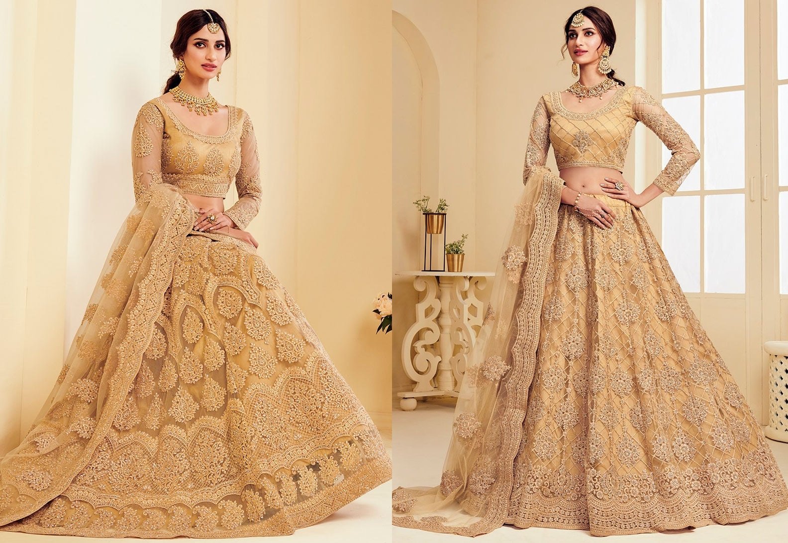 Beige Net Umbrella Lehenga For Partywear Party Wear