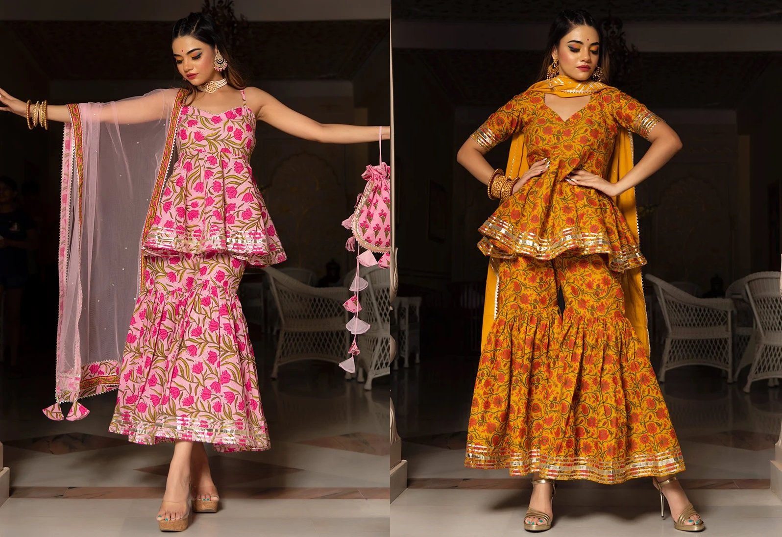 Mustard Yellow Pure Cotton Hand Block Print Sharara Suit Party Wear