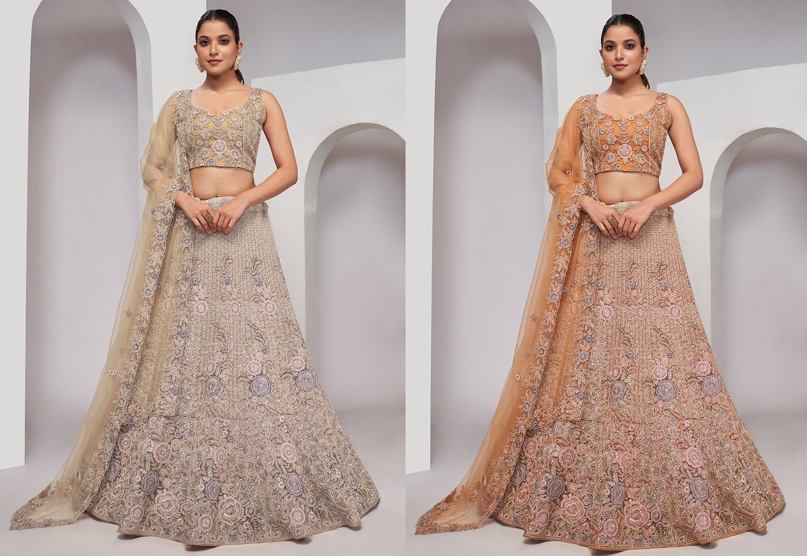 Beige Net Bridesmaid A Line Lehenga Embossed With Embroidery And Sequins Wedding Wear