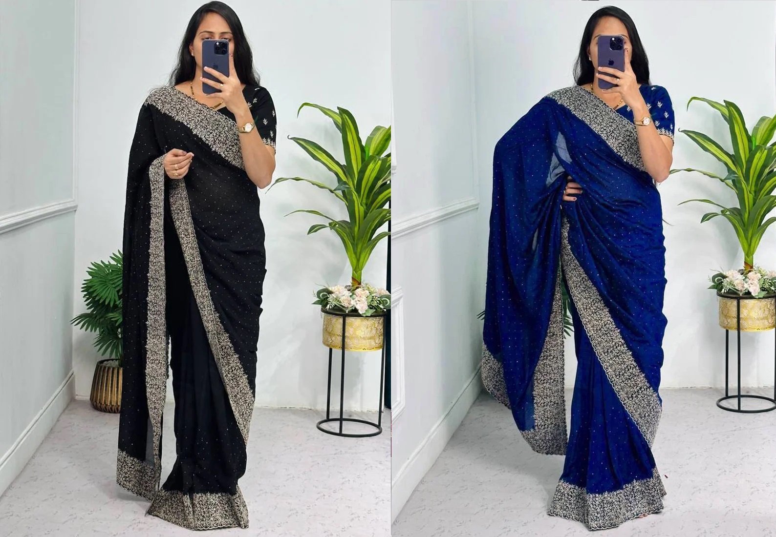 Classic Black Saree Indian Women In Vichitra Silk Tikki Embroidered Border Festive Wear