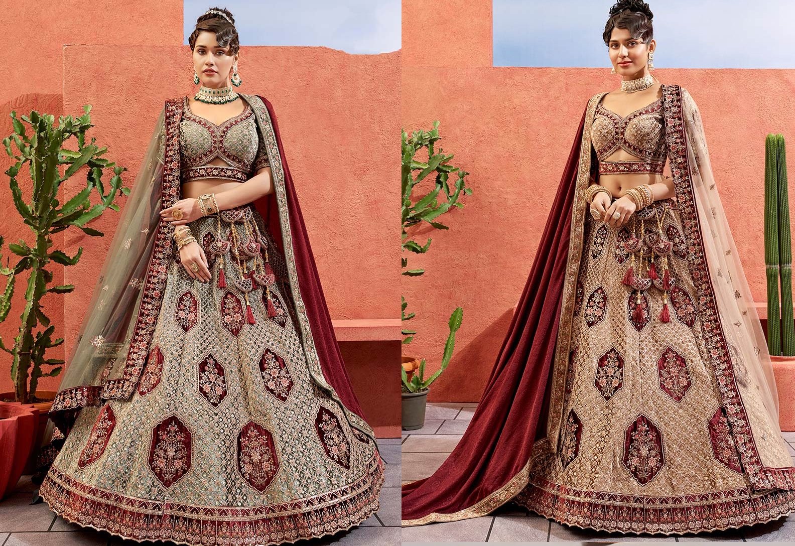 Beige Velvet Zarkan Work Umbrella Lehenga Wedding Wear