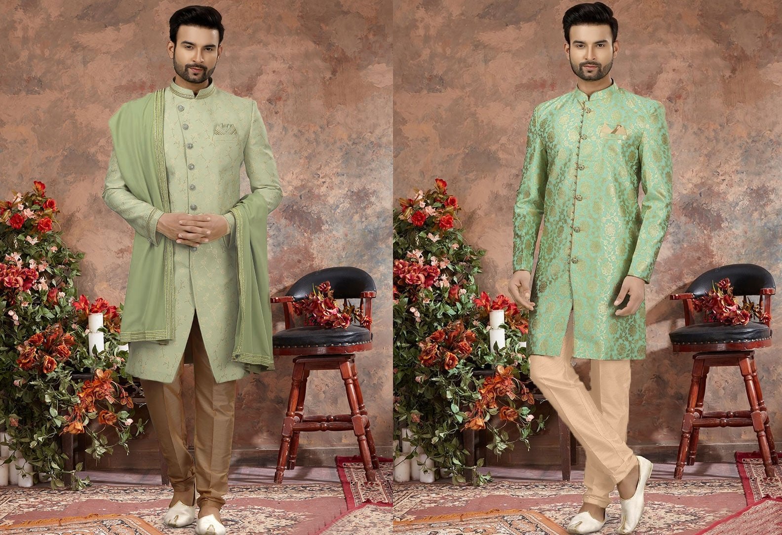 Sea Green Jacquard Silk Digital Printed Classic Sherwani