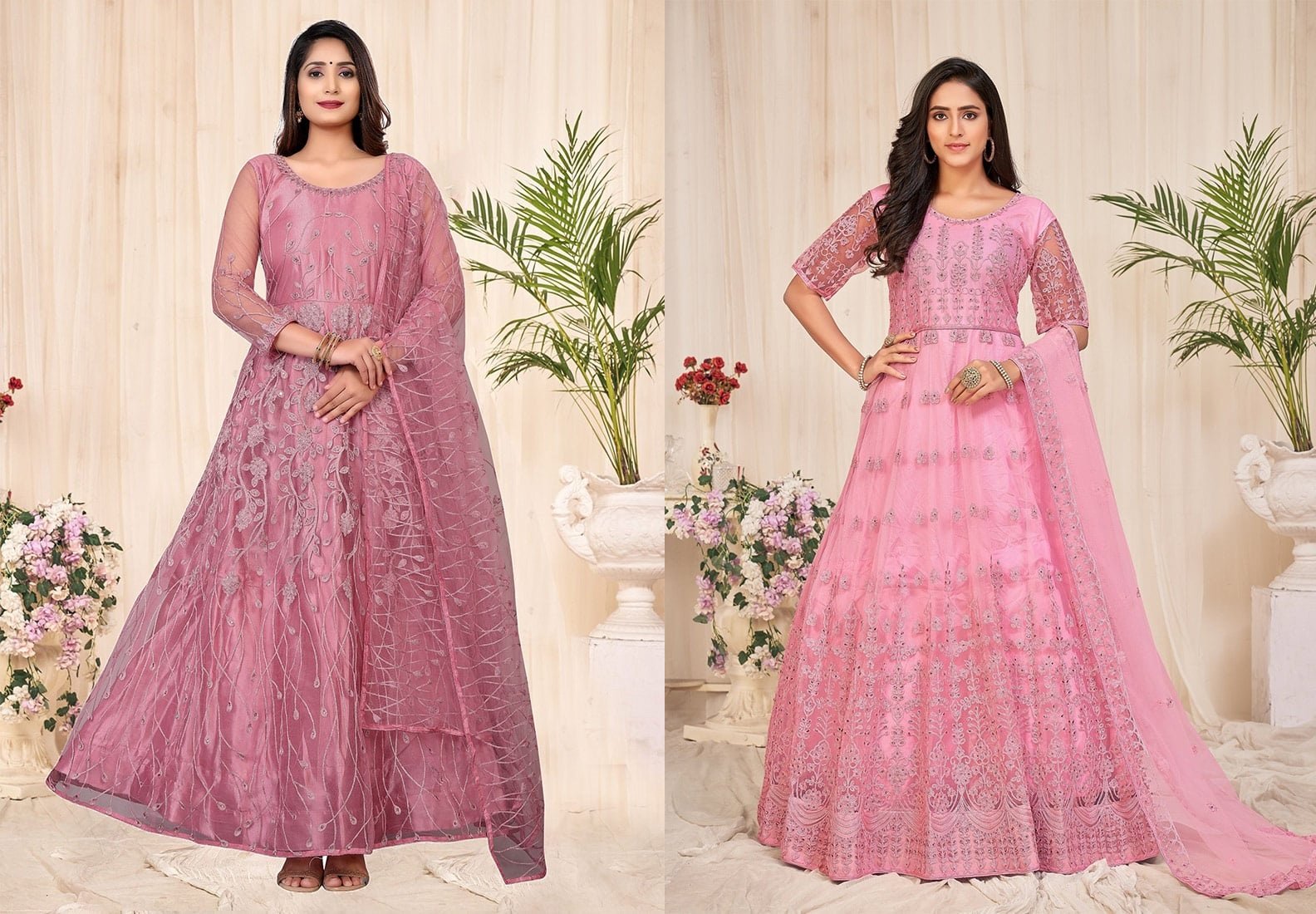 Pink Net Embroidered Work Anarkali Suit Party Wear