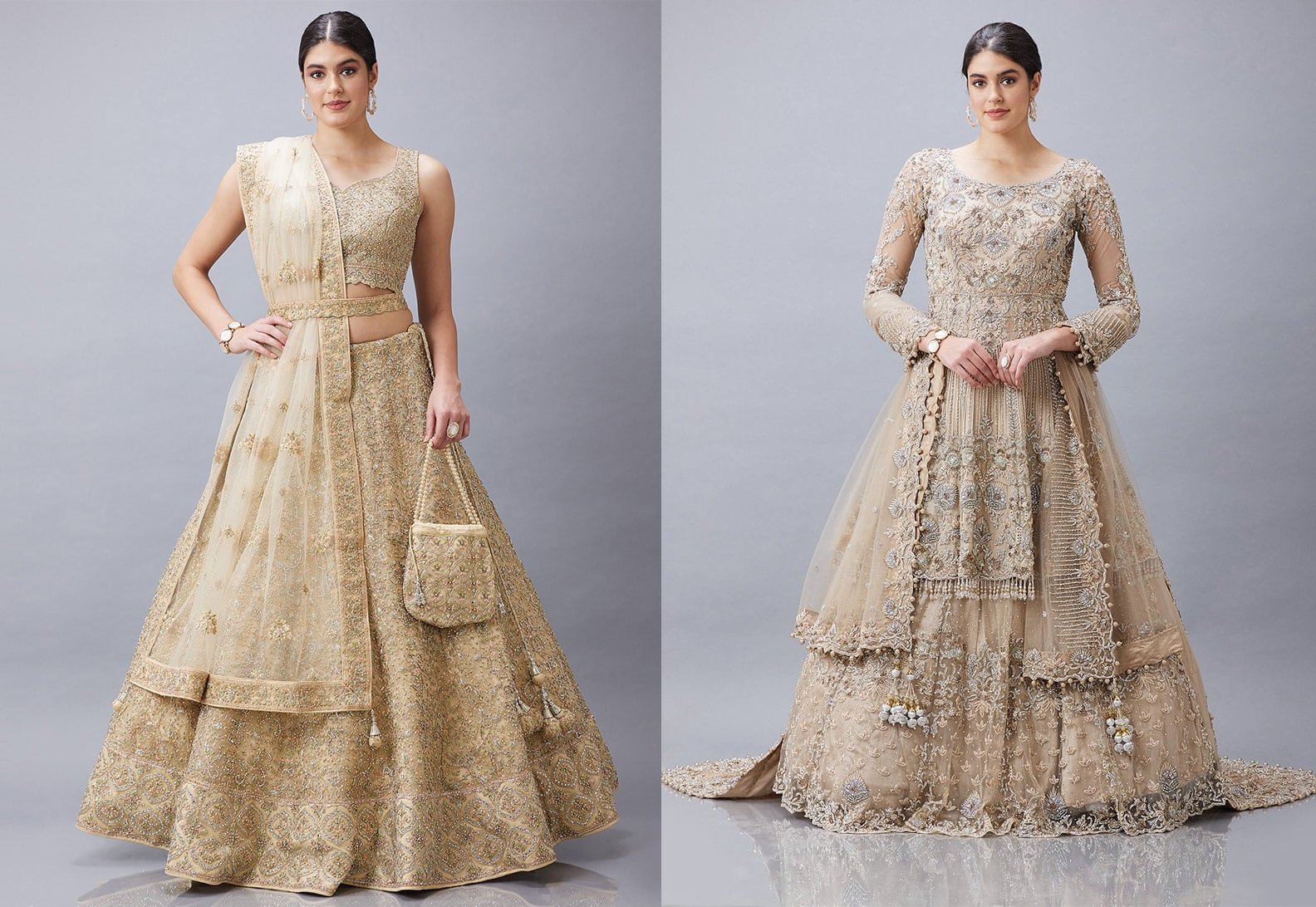 Gold Net Hand Work Umbrella Lehenga N Choli With Dupatta Wedding Wear
