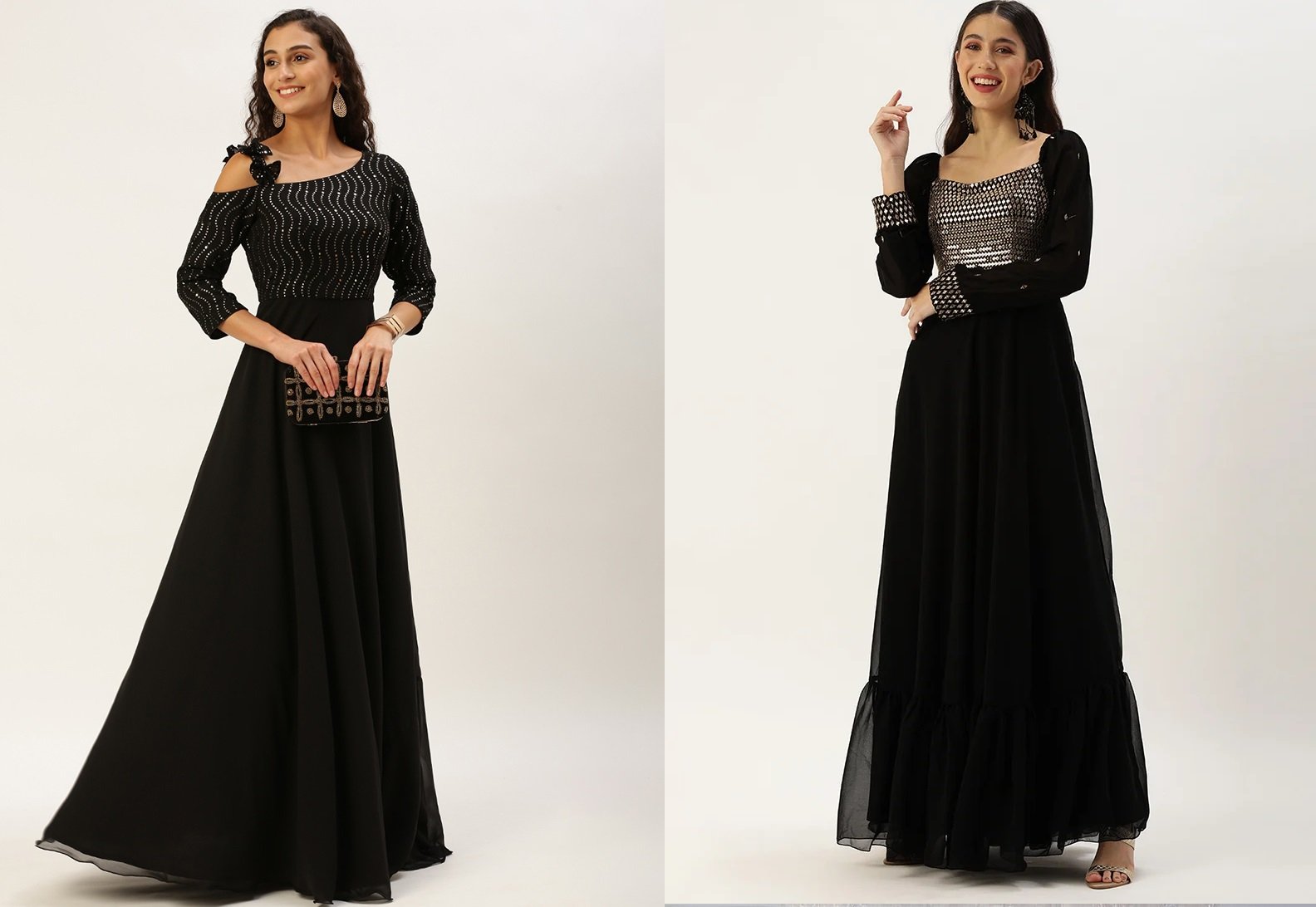 Black Georgette Sequins One Shoulder Style Gown Party Wear
