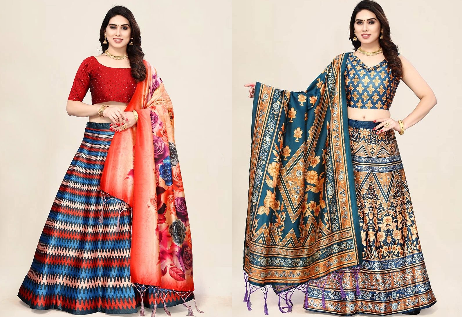 Satin Blend Printed Umbrella Lehenga Festive Wear