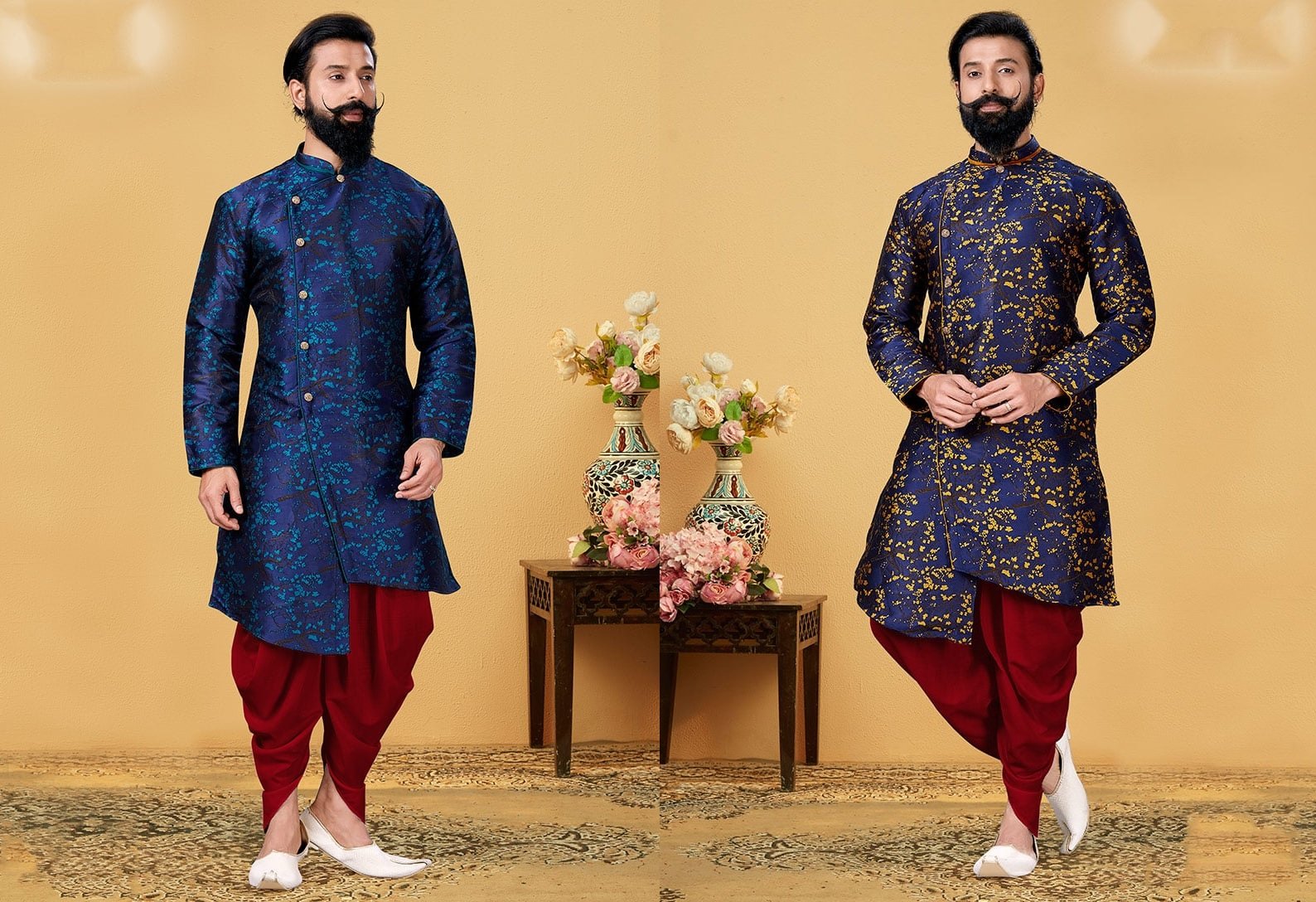 Navy Blue Heavy Silk Jacquard Indowestern Sherwani Wedding Wear