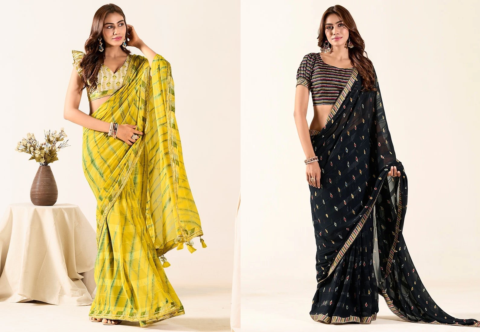 Indian Formal Black Faux Georgette Woven Print Saree With Border Lace After Six Wear
