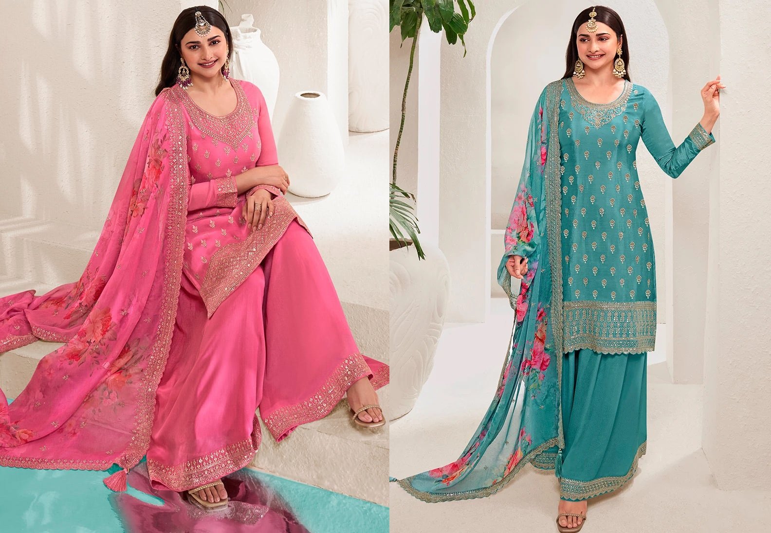 Prachi Desai Palazzo Suit For Women In Blue Viscose Embroidered Sequins Party Wear