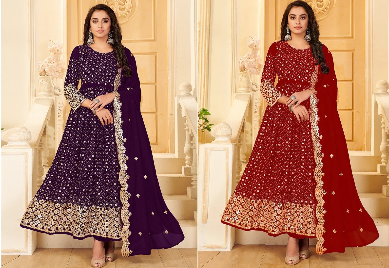 Rose Red Georgette Mirror Embroidered Anarkali Suit Party Wear