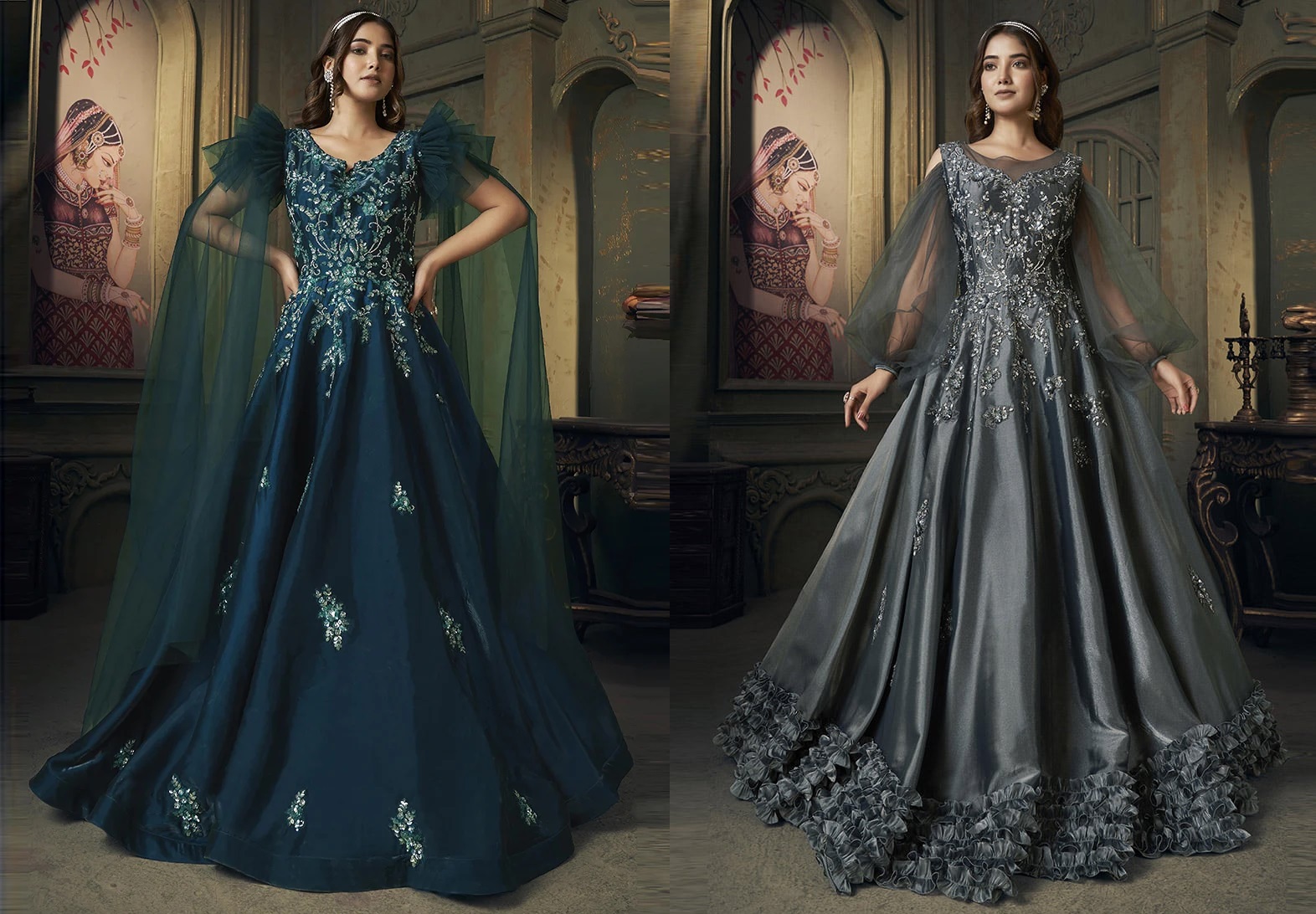 Long Gown Stylish Women In Blue Jimmy Choo With Hand Work Sequins Moti Wedding Wear