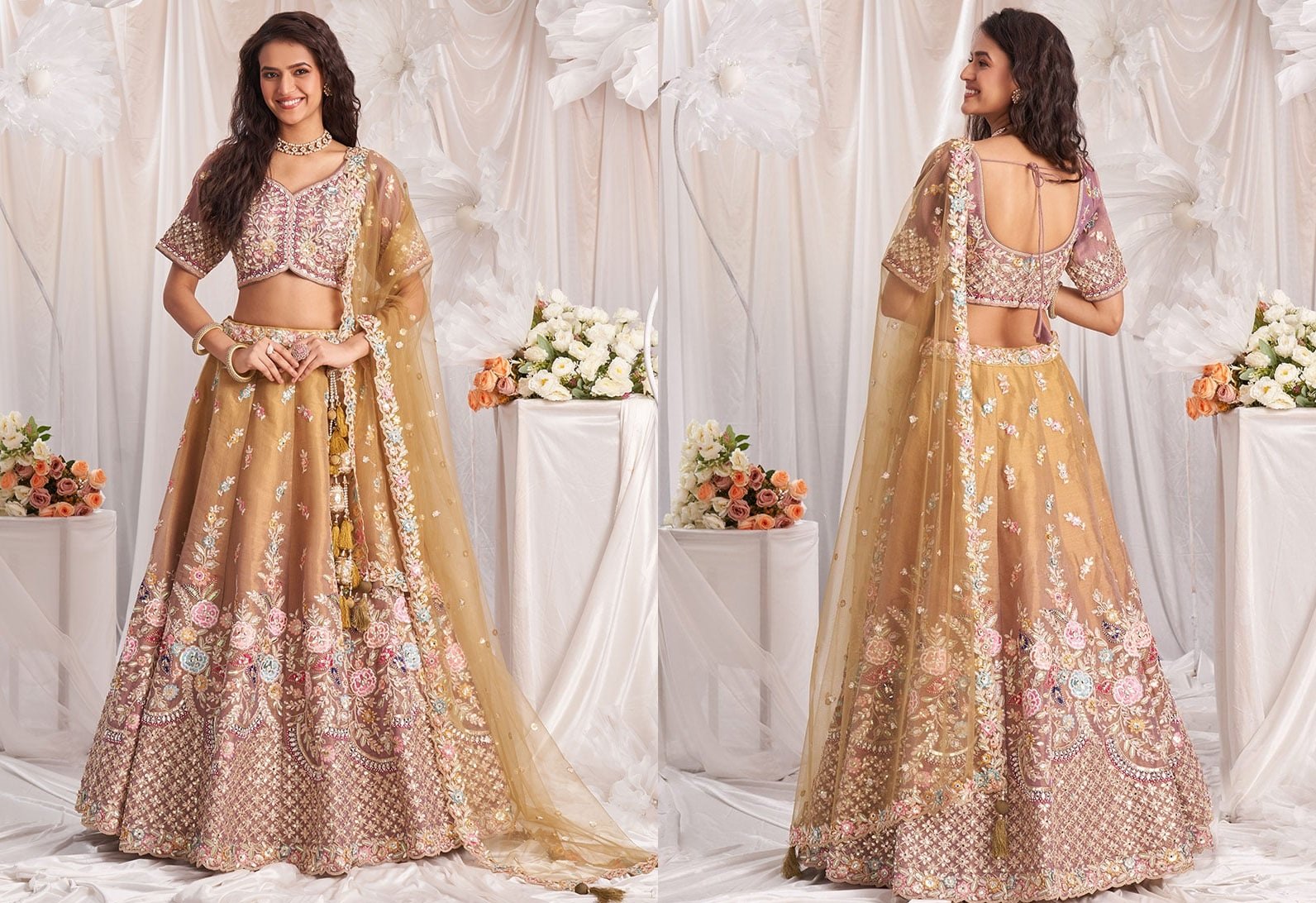 Classic Rose Gold Tissue With Moti And Gota Embroidered Sequins Lehenga Wedding Wear
