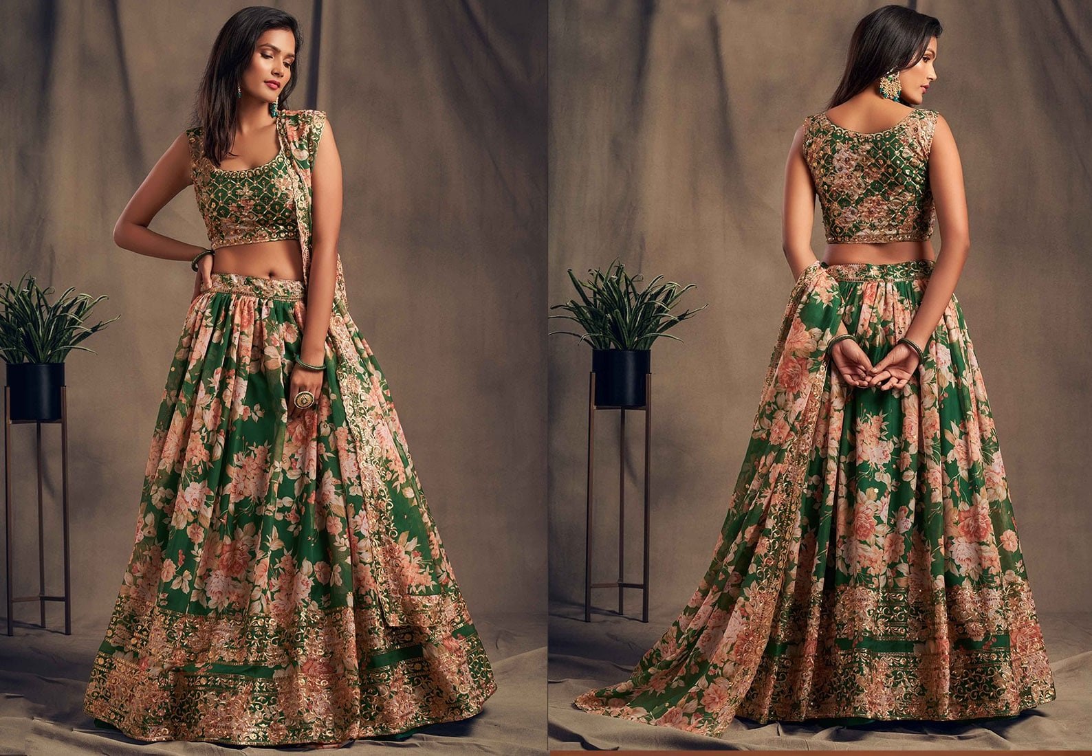 Dark Green Organza Floral Digital Print Umbrella Lehenga Party Wear