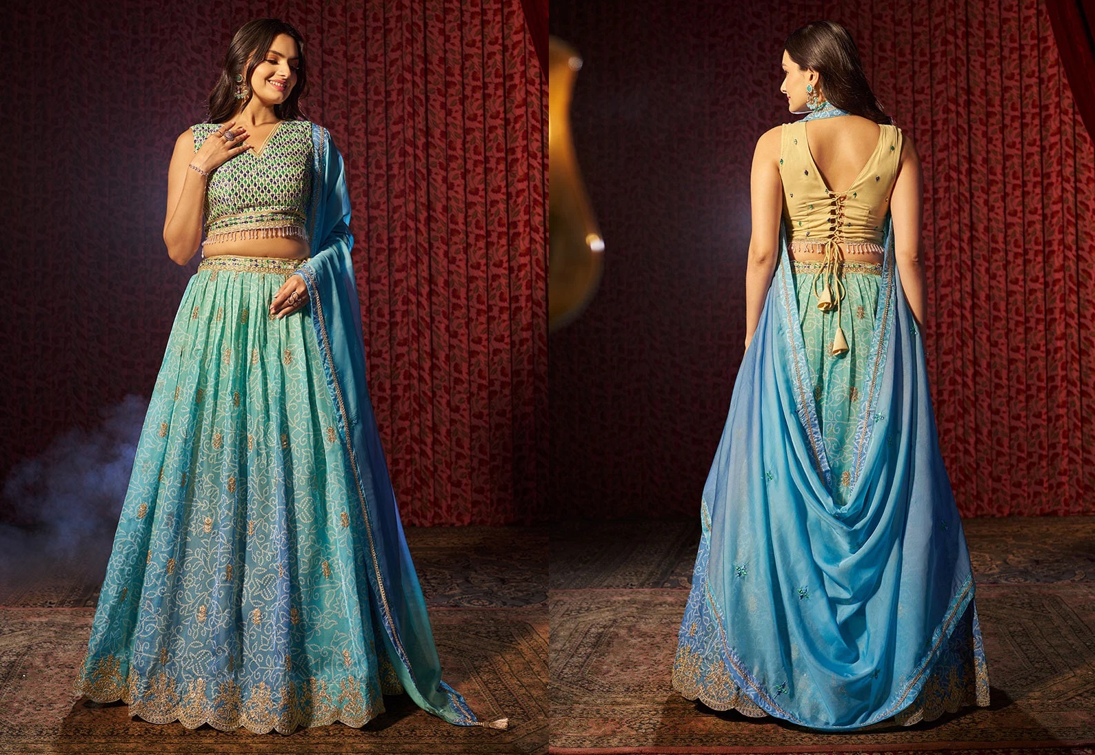 Blue Organza Bandhini Print Embroidered Sequins Traditional Lehenga Wedding Wear
