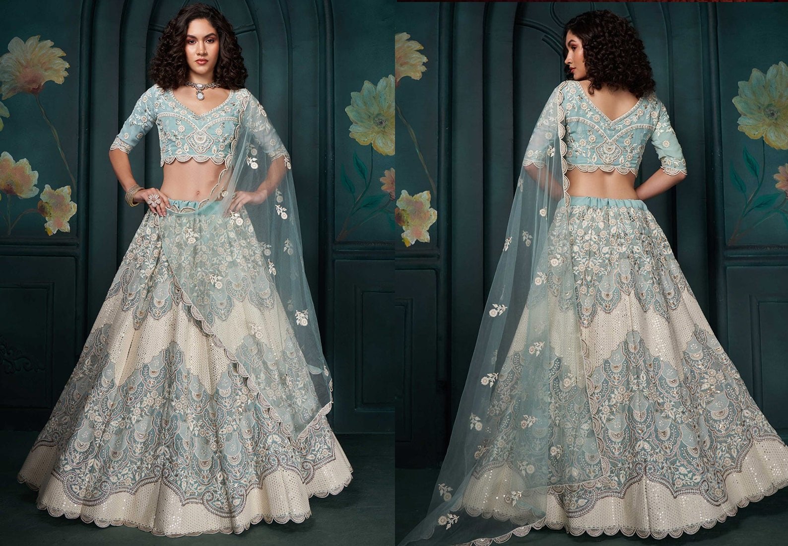 Light Blue Georgette Zarkan Thread Embroidered Sequins Lehenga Wedding Wear
