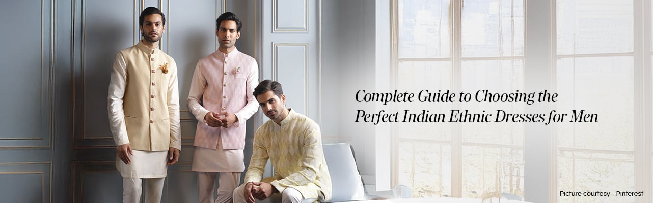 Men selecting ideal Indian ethnic outfits including kurta, sherwani, accessories