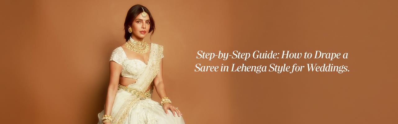 Woman elegantly draping a saree in lehenga style, perfect for wedding celebrations and festive occasions.