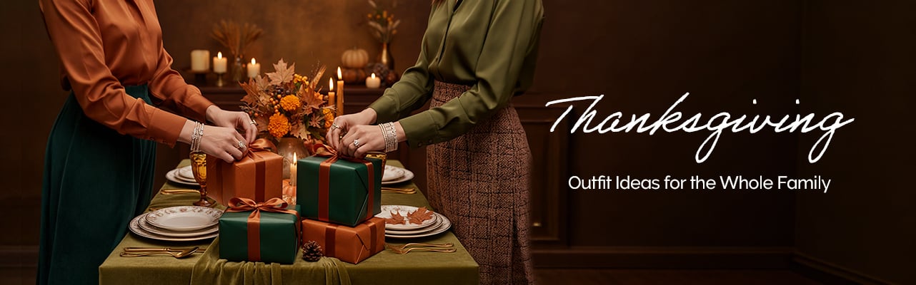 Family dressed in cozy, stylish outfits for Thanksgiving celebration