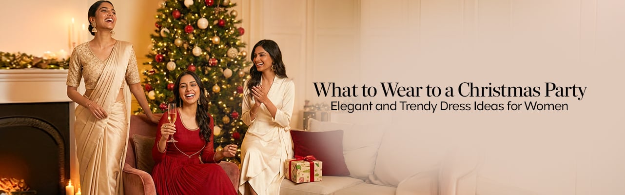 Elegant women wearing dresses at a Christmas party, featuring festive colors, chic silhouettes, and sparkle