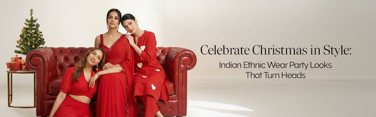 Festive Christmas party showcasing elegant Indian ethnic wear looks with fabrics, vibrant colors, and glamour